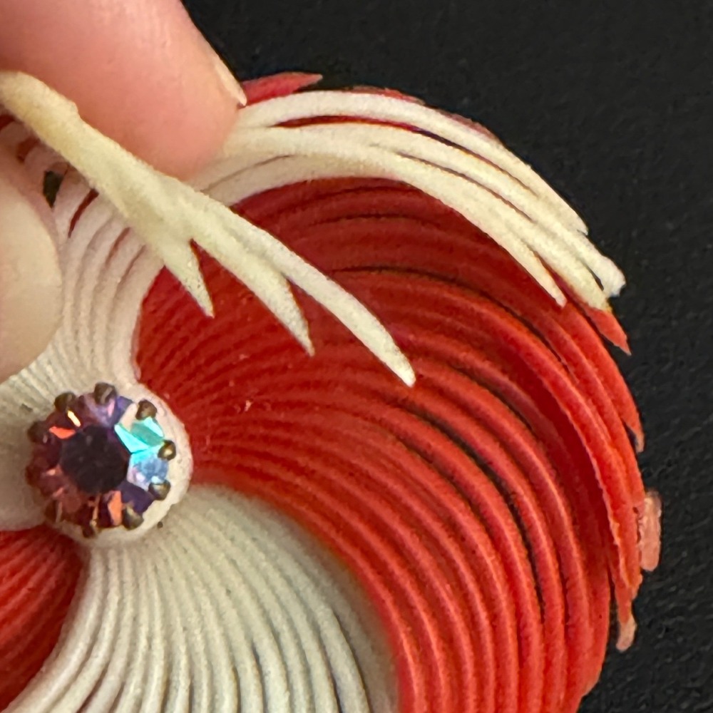 Vintage GERMANY Earrings Clip Ons Resin Red Cream Aurora Borealis Rhinestone - Picture 7 of 11